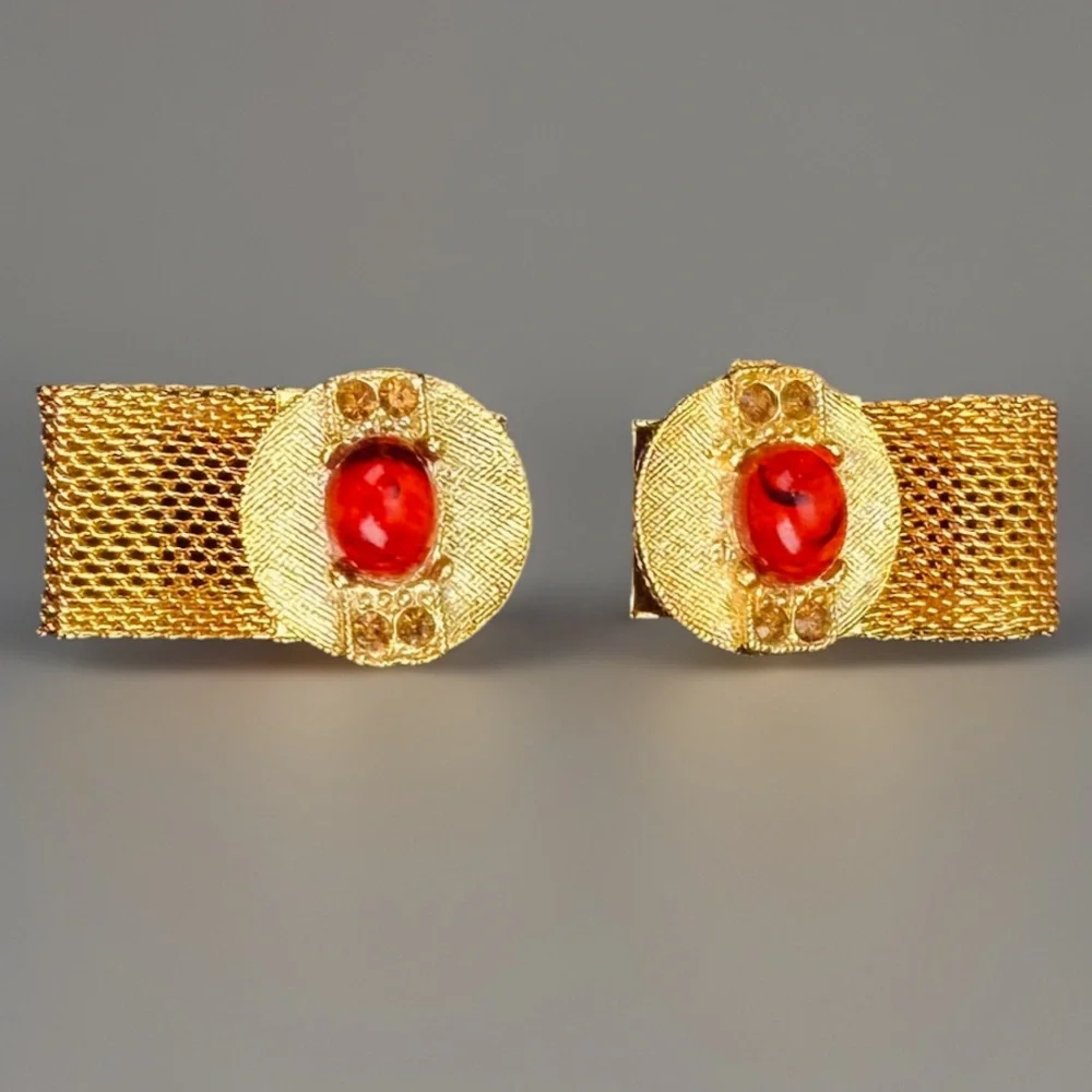 Vintage Goldtone and Red Mesh Mid Century Cuff Links